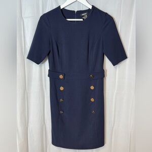 DKNY navy blue sheath dress with gold-tone button embellishments